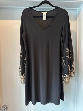Black Embroidered Bell-Sleeve Dress by